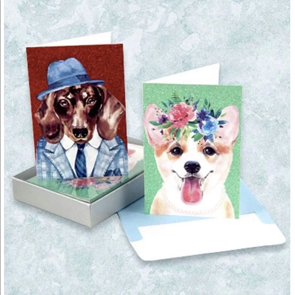 Stylish Doggies Glitter Embellished 16 Note Cards - Corgi & Dachshund